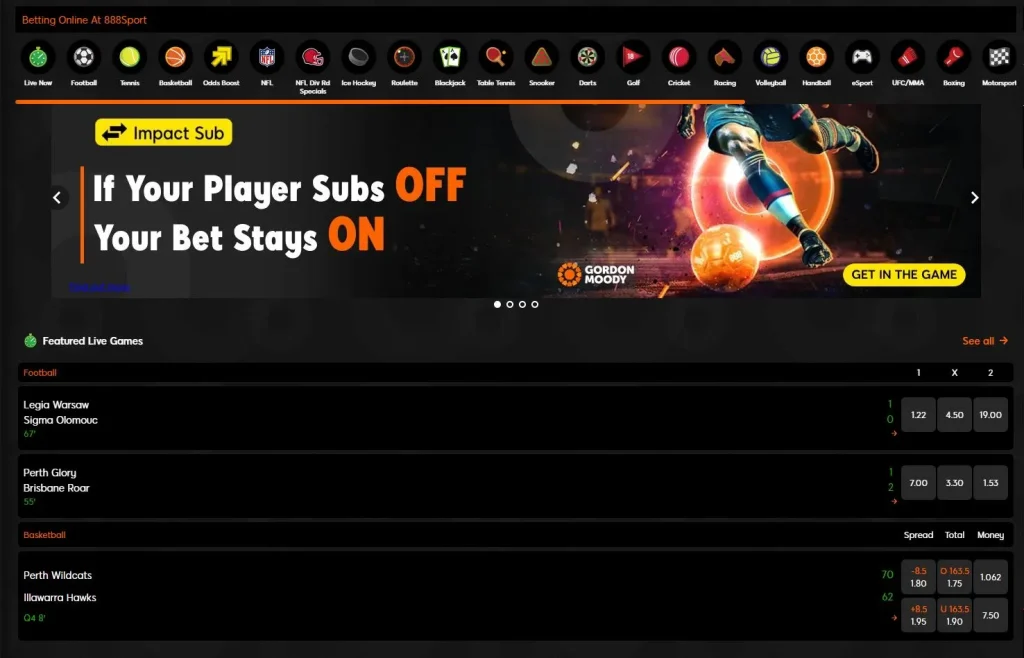 Sección de apuestas deportivas en 888casino